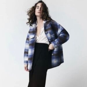 ZARA Wool Blend Blue Plaid Fully Lined Jacket / Shacket w/ Pockets US Sz S